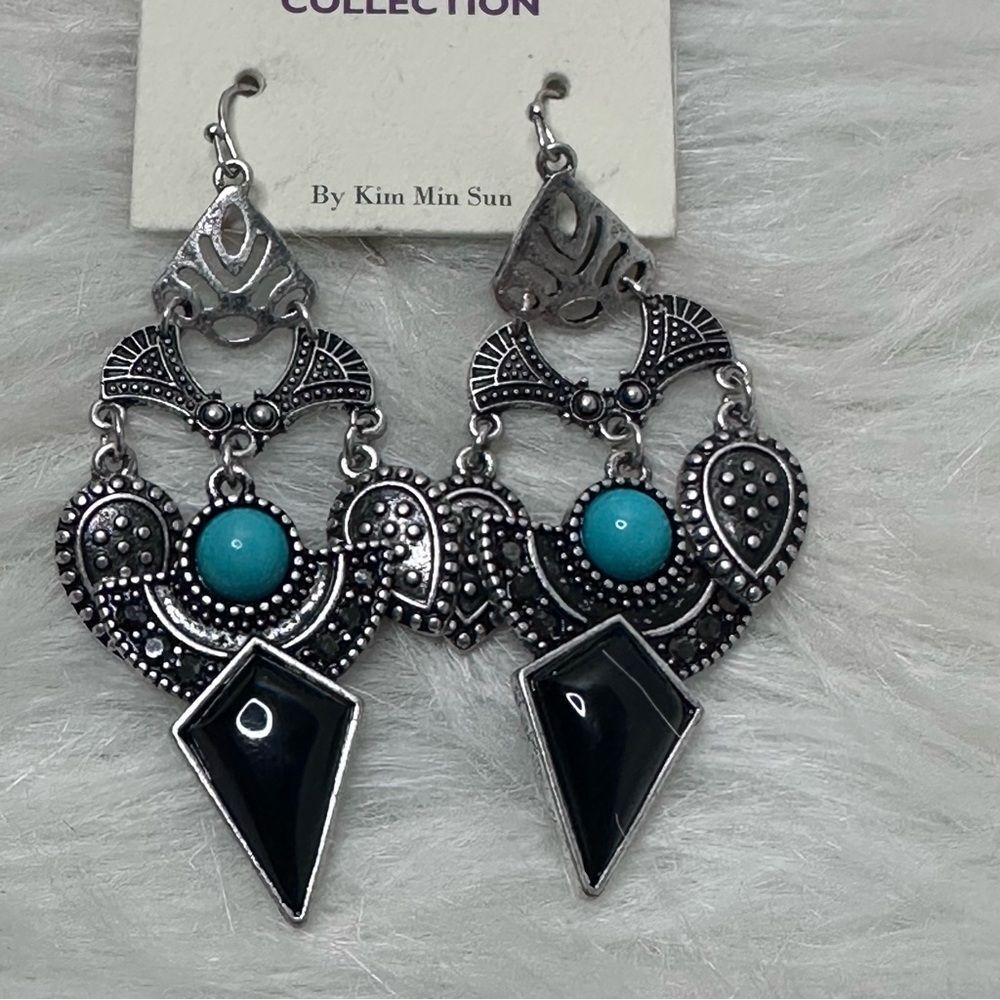 MIA COLLECTION‎ Silver/Black & Turquoise Chandelier Earrings